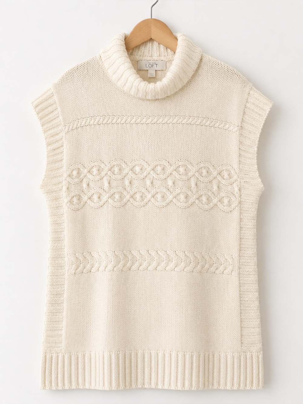 LOFT Ann Taylor XS/S Cream Knit Turtleneck Sweater Vest Poncho Long 29"